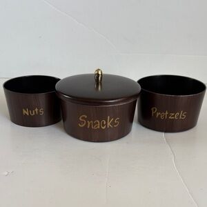 Vintage mid century nesting snack canister set plastic w faux wood grain finish